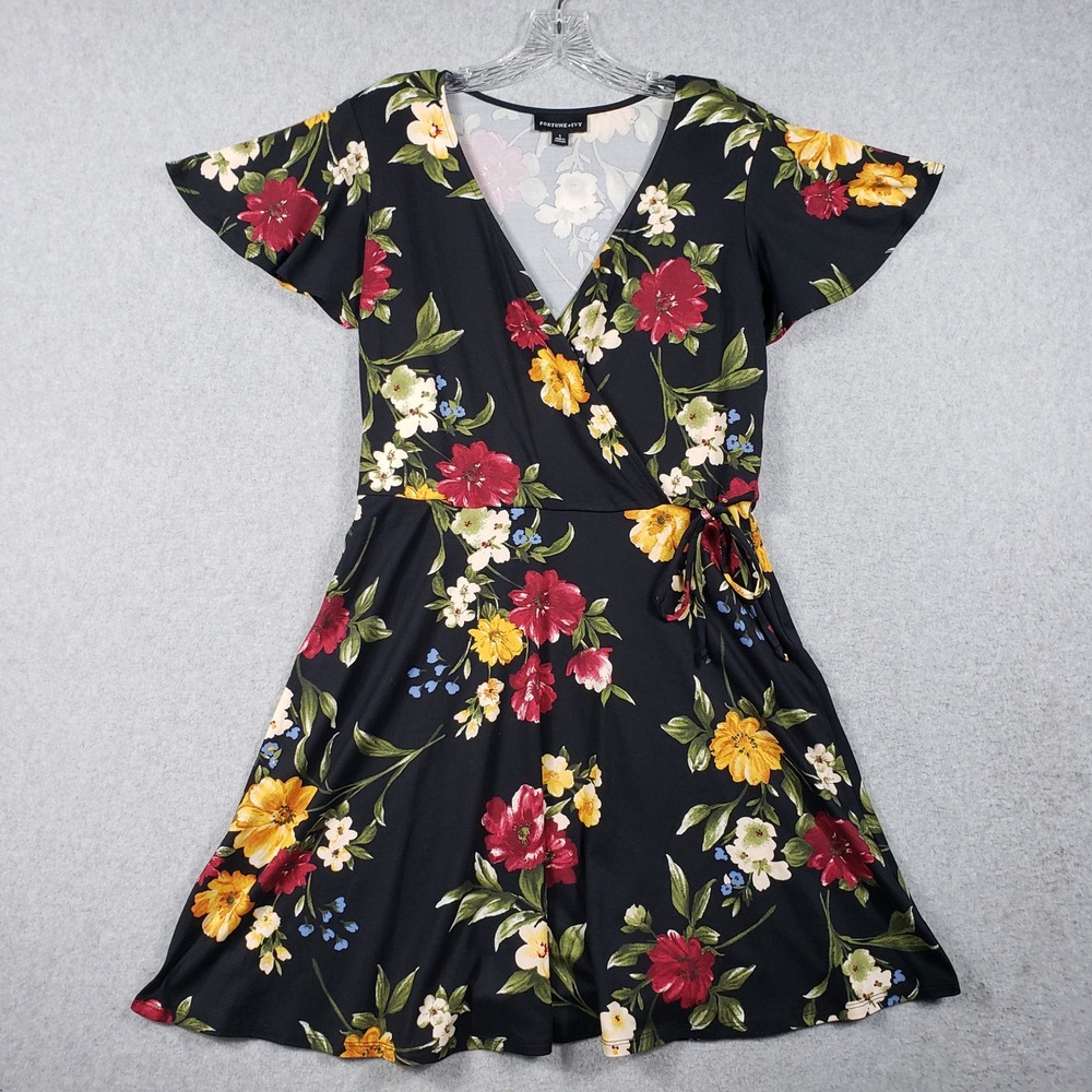 Fortune + Ivy Women L Black Floral Flutter Sleeve Faux Wrap Mini Dress V-Neck